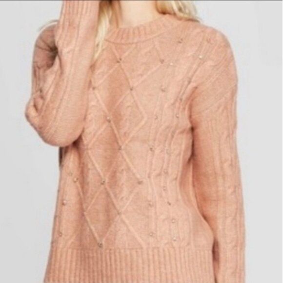 A New Day Cable Knit Embellished Crew Neck Sweater Coral Pink Siz XS - Picture 2 of 10